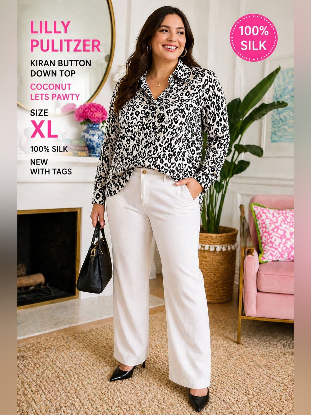 Lilly Pulitzer Kiran 100% Silk Button Down Blouse XL NWT Coconut Lets Pawty Chic